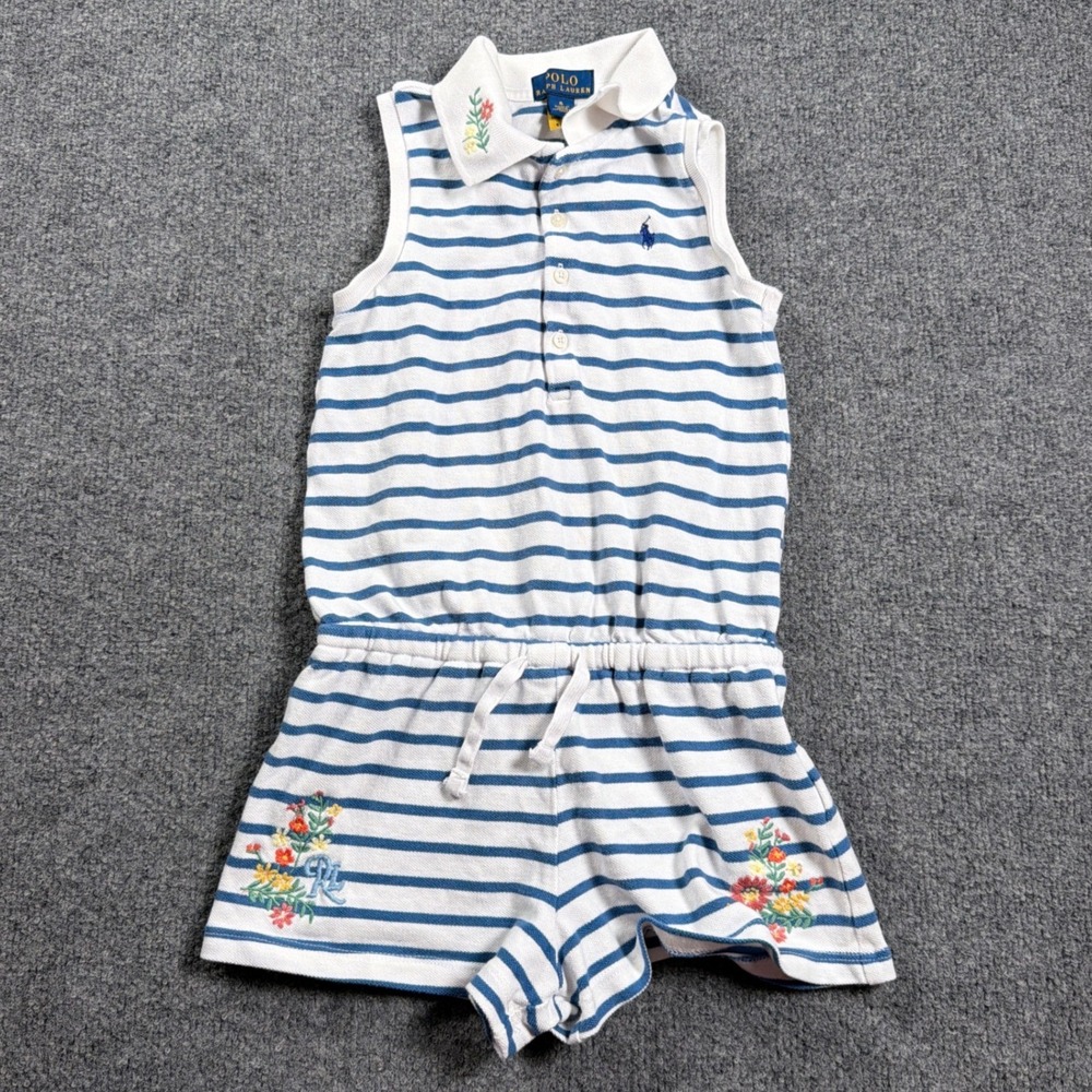 Polo Ralph Lauren Romper Girls 6 Blue White Striped Floral Sleeveless